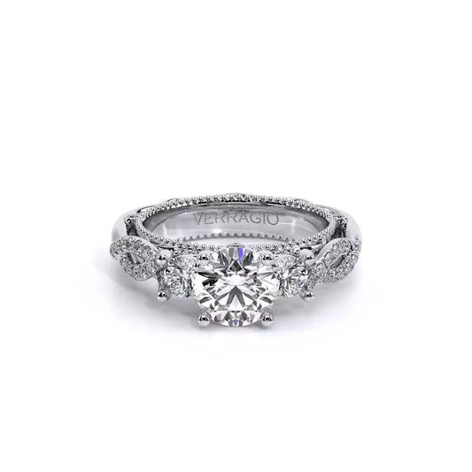 Verragio white gold three-stone diamond ring.