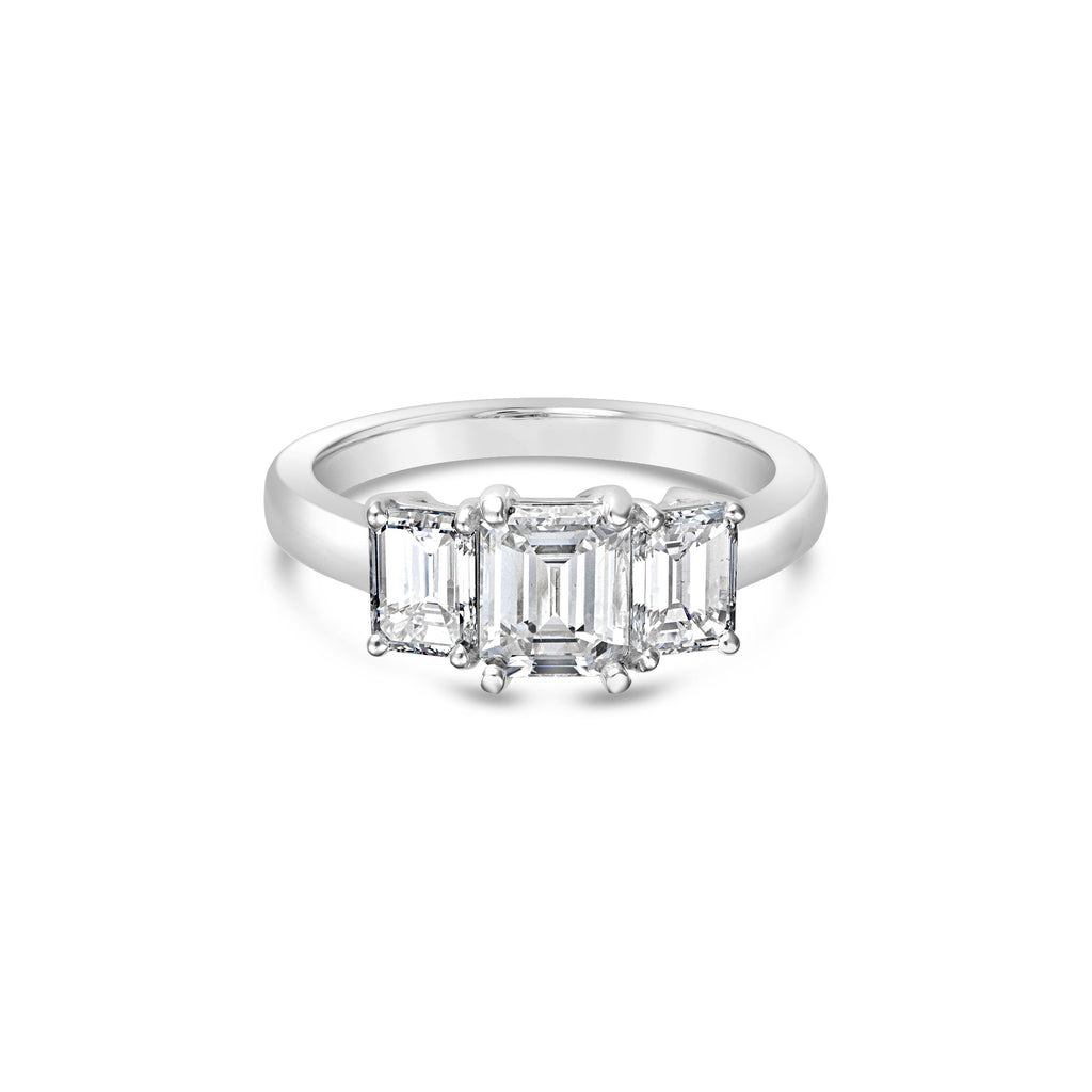 Emerald-cut diamond ring in white gold.