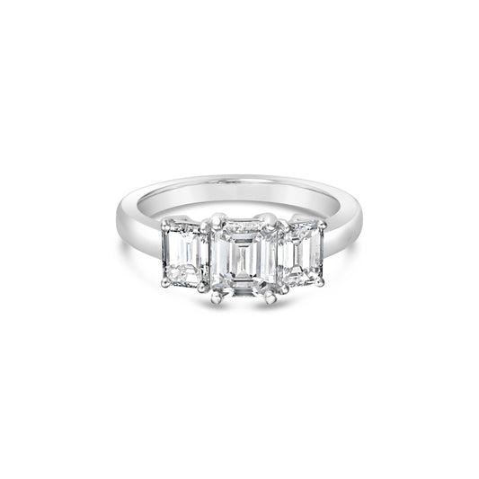 Emerald-cut diamond ring in white gold.