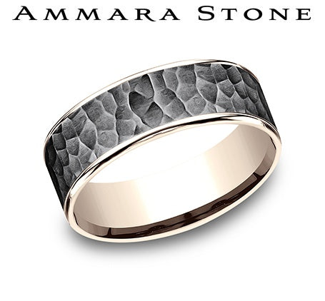 Tantalum band, hammered texture, grey rose finish.