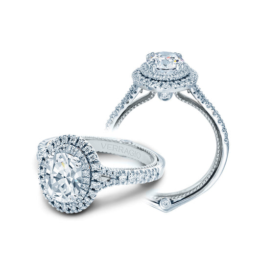 18K white gold diamond halo engagement ring.
