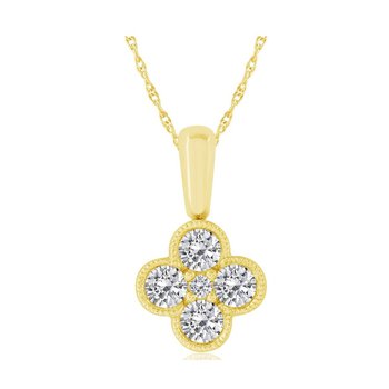 Clover design necklace, yellow gold, round diamonds.