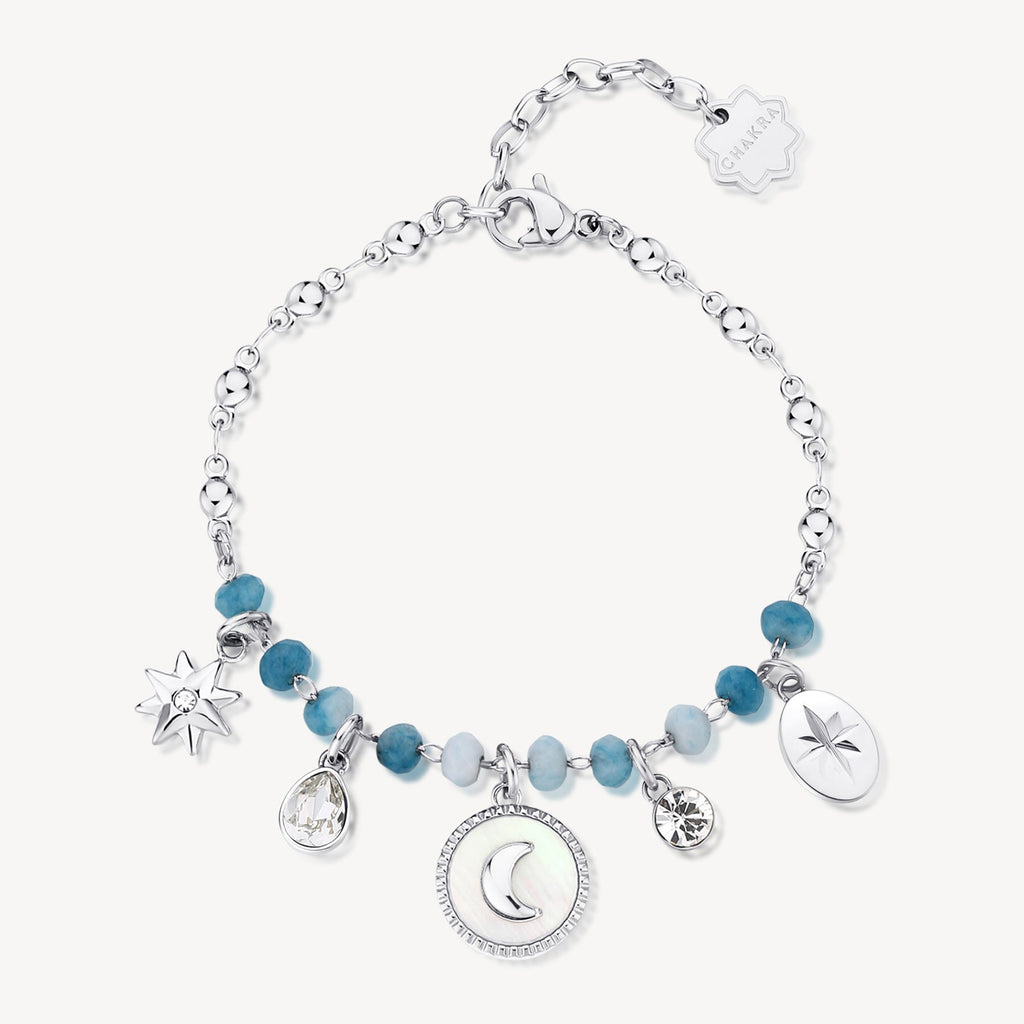 Stainless steel bracelet with blue gemstones.