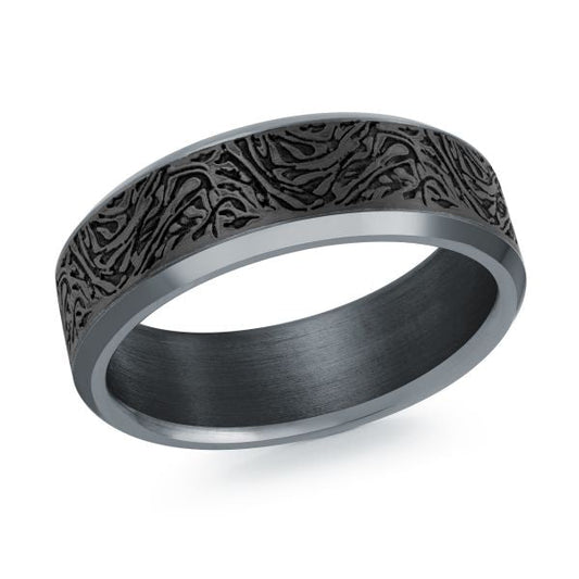 Carved black-grey tantalum carbon fiber band.