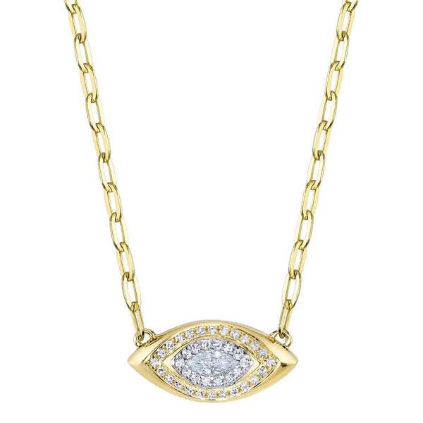 Evil eye necklace with diamonds, yellow gold chain.