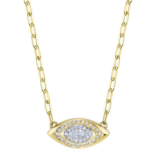 Evil eye necklace with diamonds, yellow gold chain.