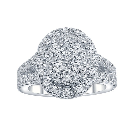Halo diamond engagement ring in white gold.