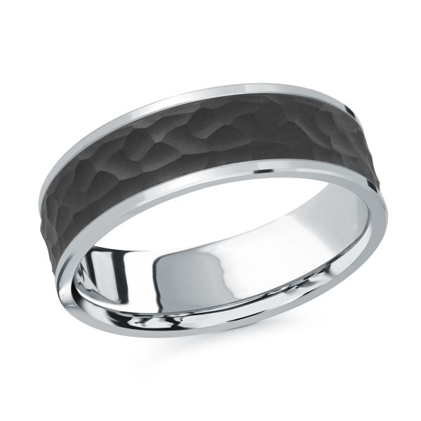 Satin-hammered carbon fiber and white metal band.