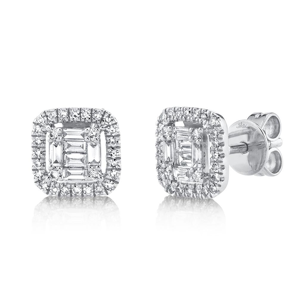 Square diamond halo stud earrings in white gold.