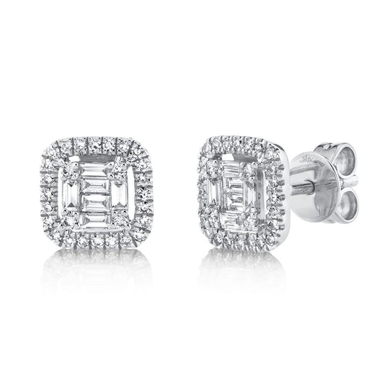 Square diamond halo stud earrings in white gold.