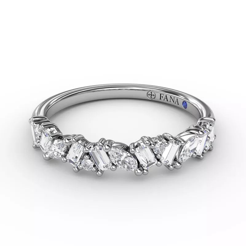 Emerald-cut diamond wedding band in white gold.