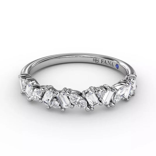 Emerald-cut diamond wedding band in white gold.