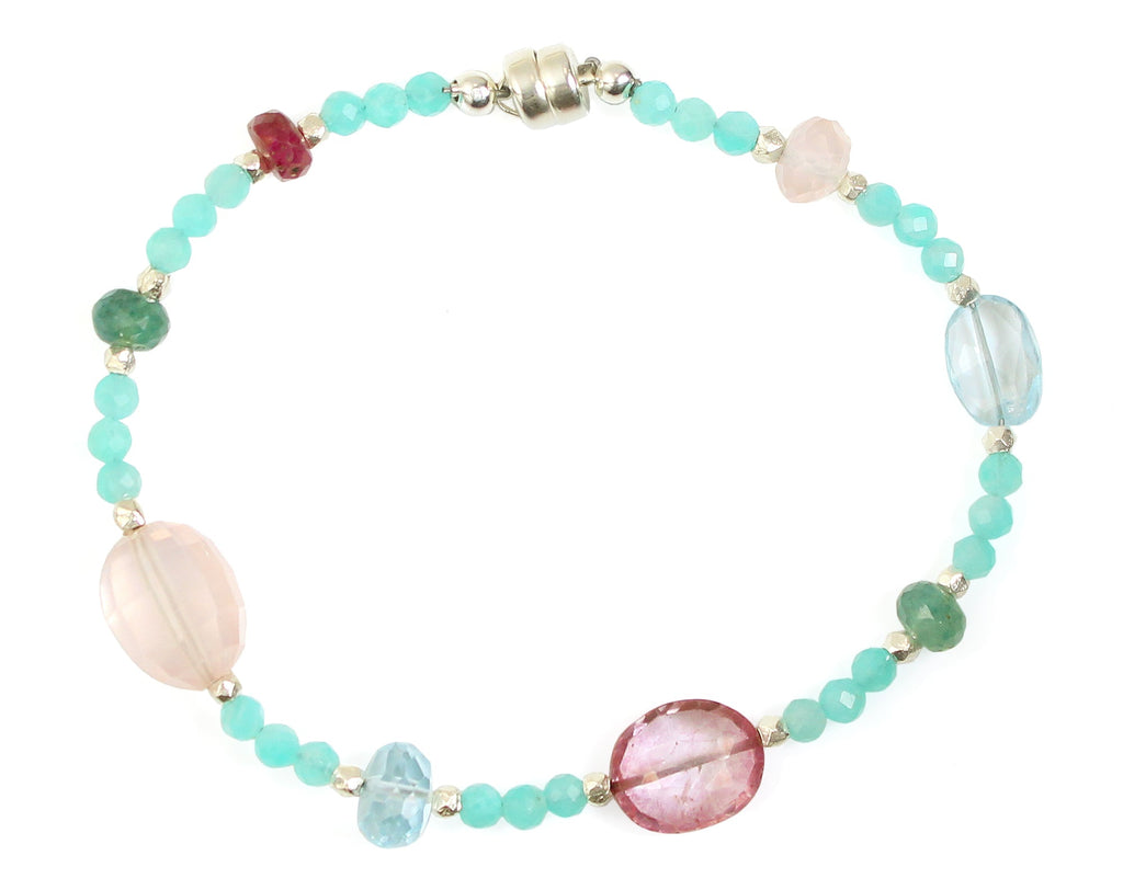 Sterling silver bracelet with colorful gemstones.