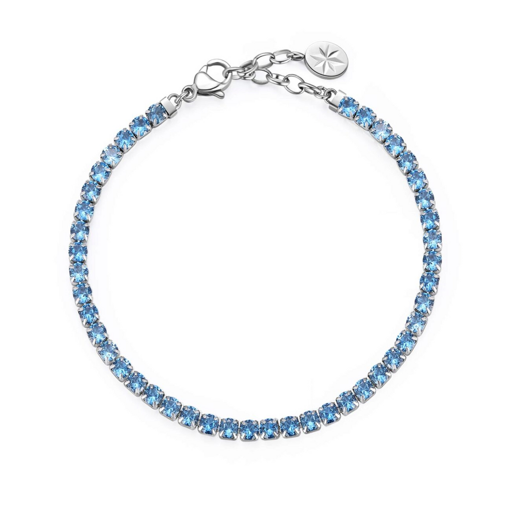 Blue simulated diamond bracelet, stainless steel clasp.