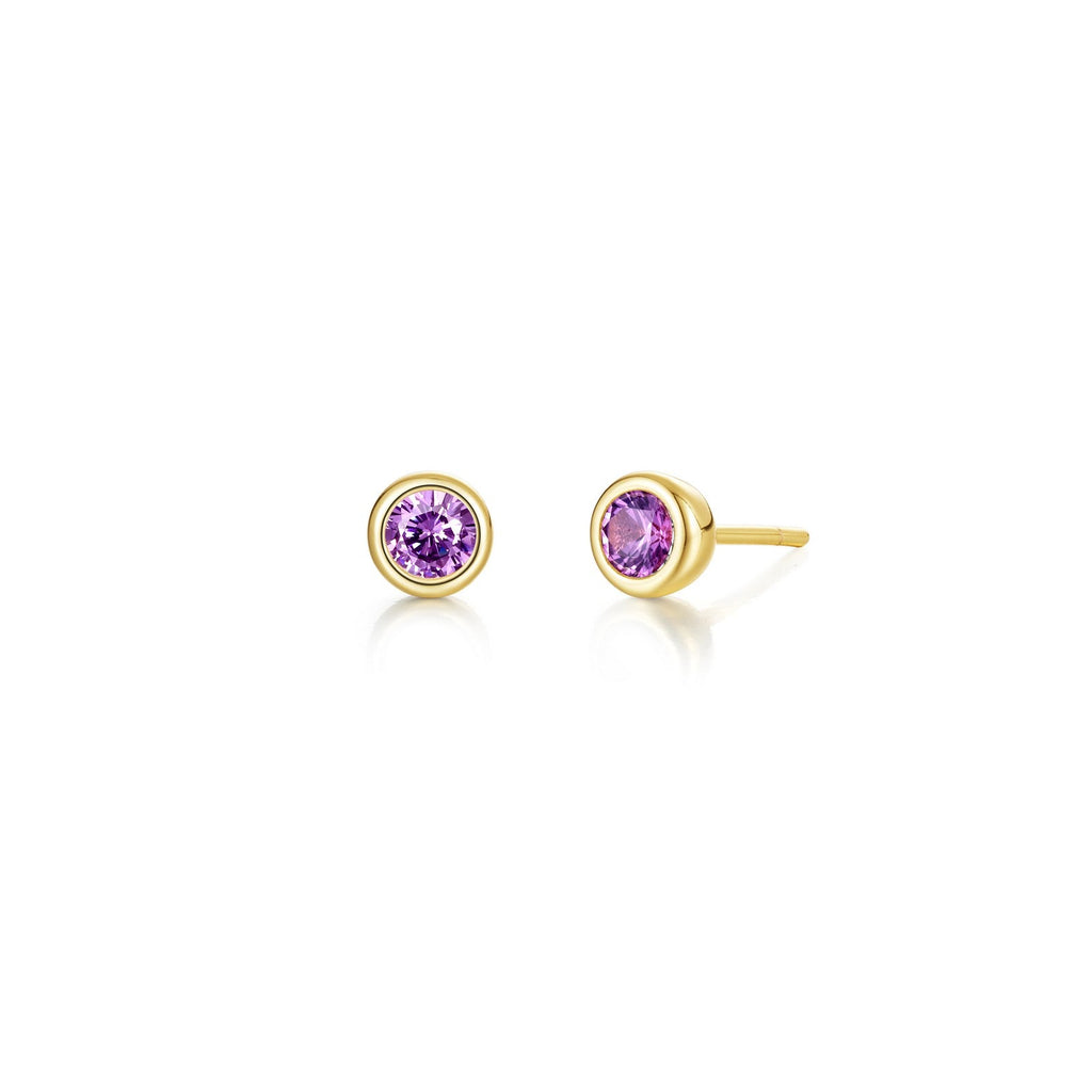 Yellow silver earrings with round purple stones.