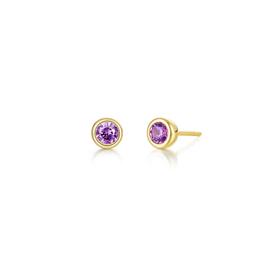 Yellow silver earrings with round purple stones.