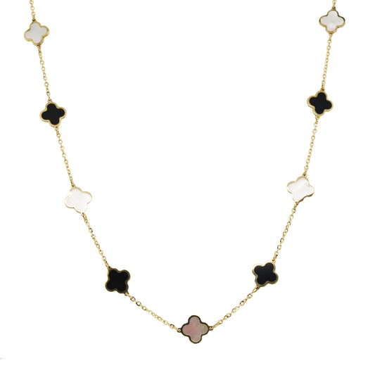 Clover-shaped mother of pearl and onyx necklace.