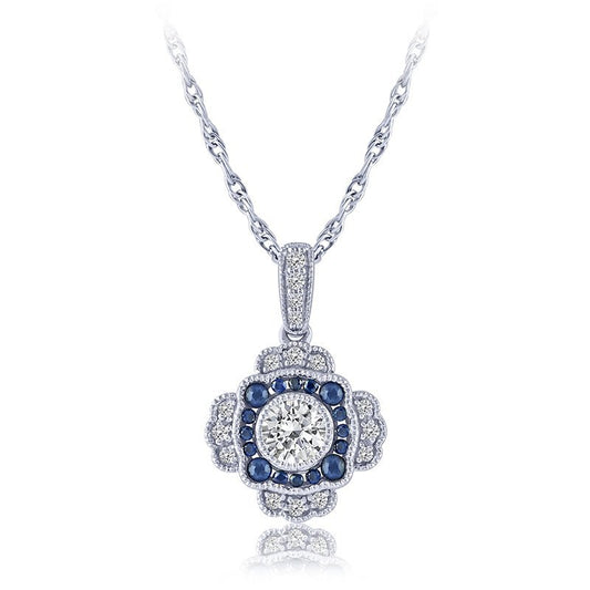14K white gold necklace with sapphires, diamonds.
