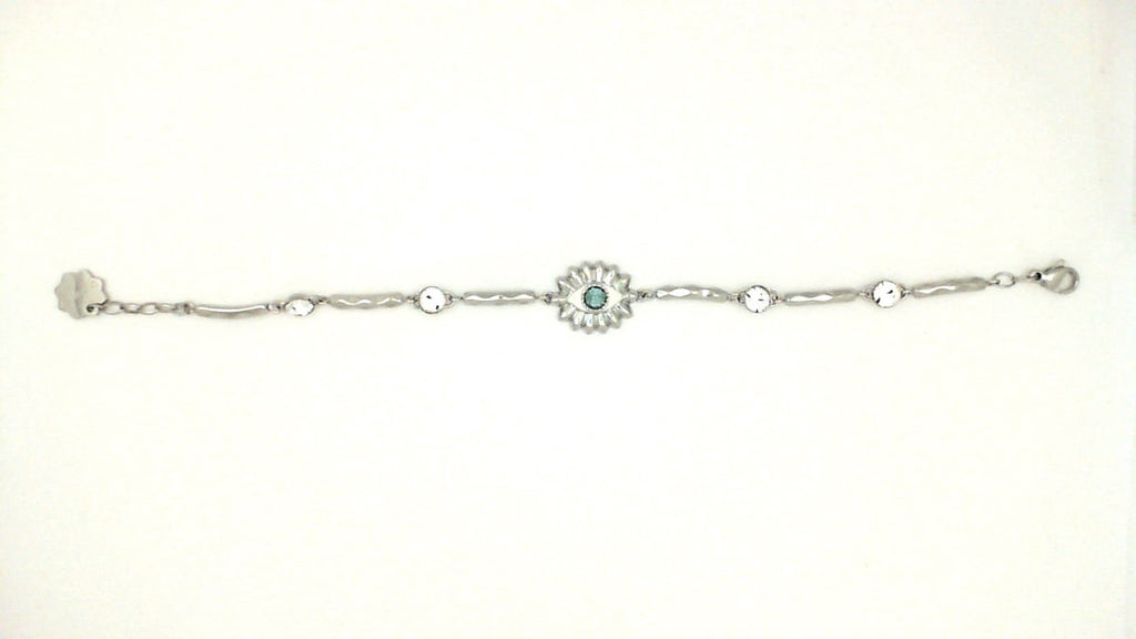 Stainless steel bracelet with central gemstone.