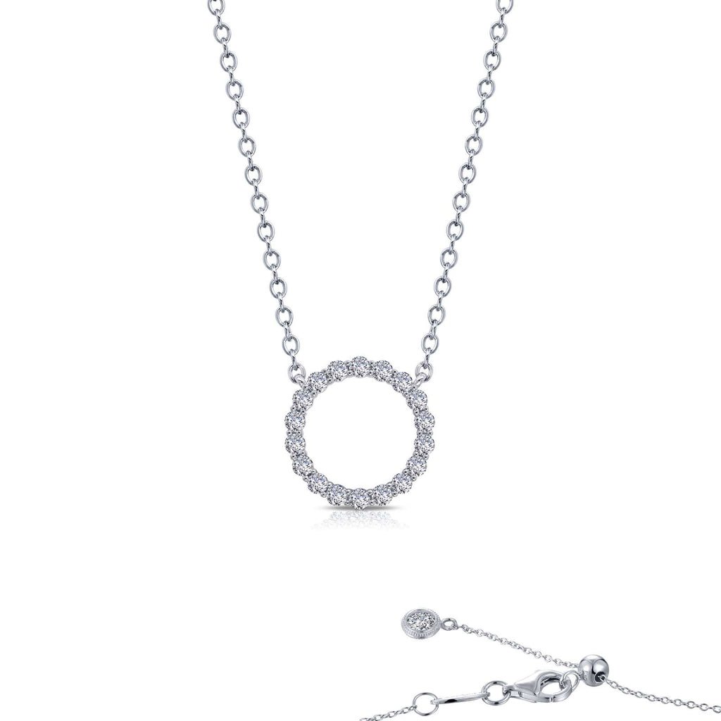 Simulated diamond circle necklace, platinum bonded silver.