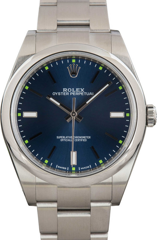 Blue dial stainless steel watch, elegant design.