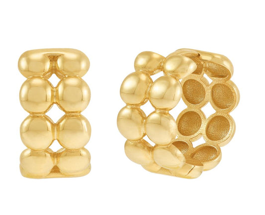 Polished yellow gold huggie earrings, bubble design.