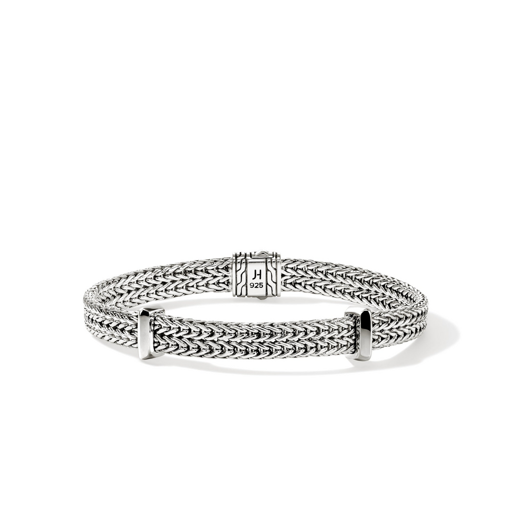 Sterling silver woven station bracelet design.