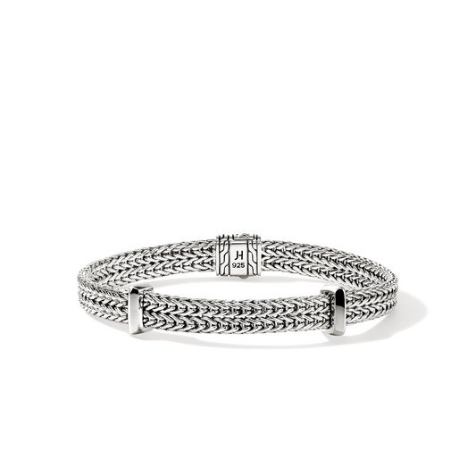 Sterling silver woven station bracelet design.