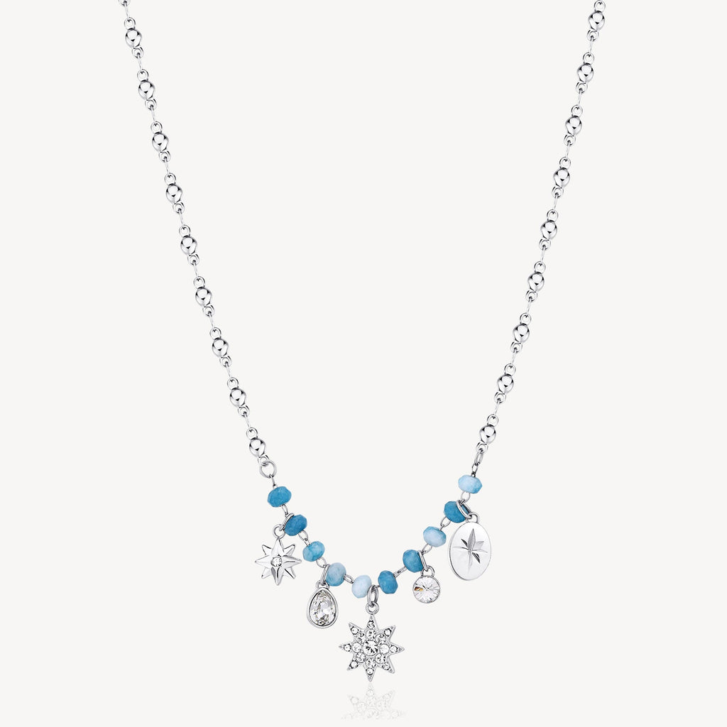 Stainless steel necklace with blue beads.