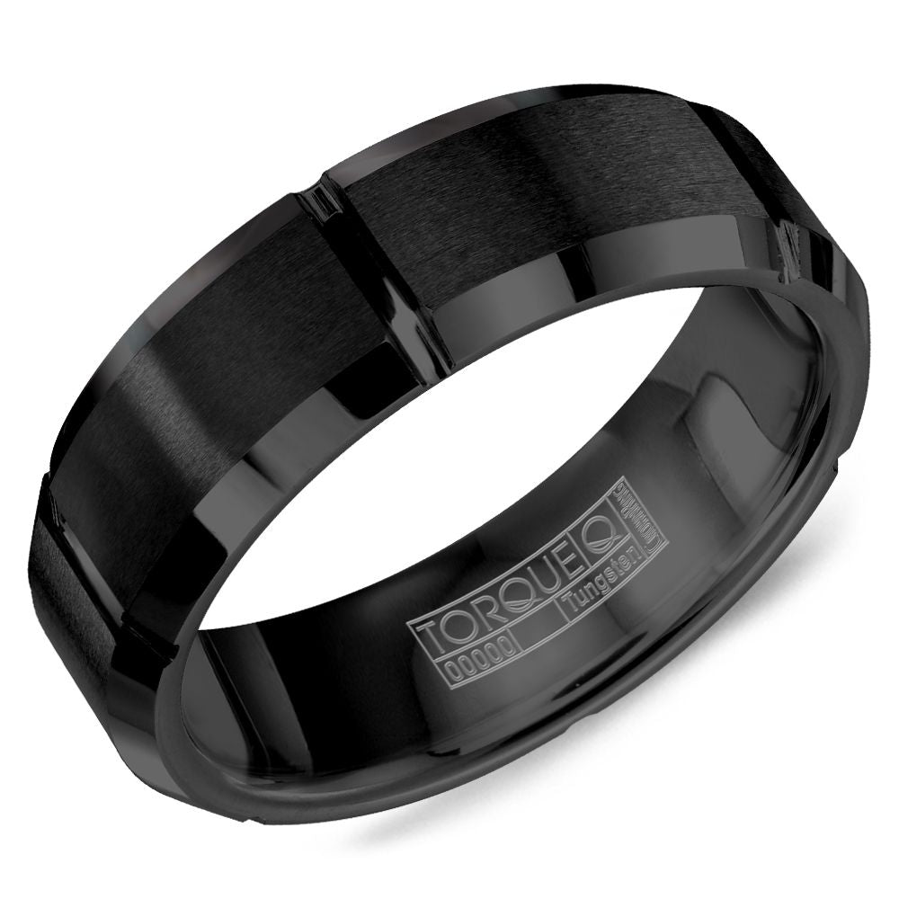 Black tungsten carbide ring, carved design.