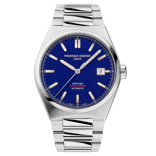 Blue dial, stainless steel watch, date display.