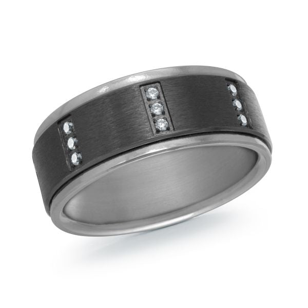 Tantalum band with diamond accents, black-white design.