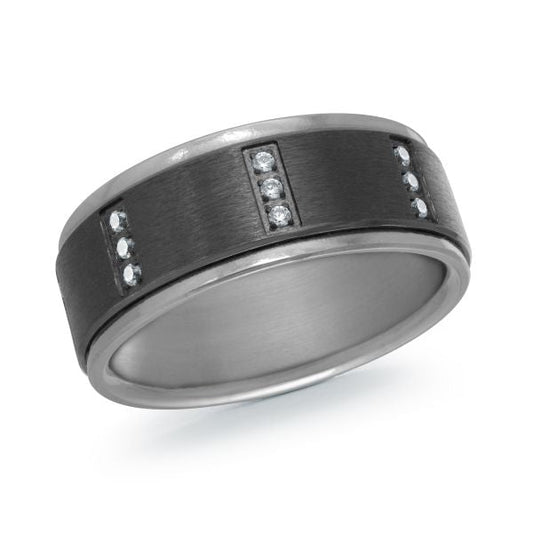 Tantalum band with diamond accents, black-white design.