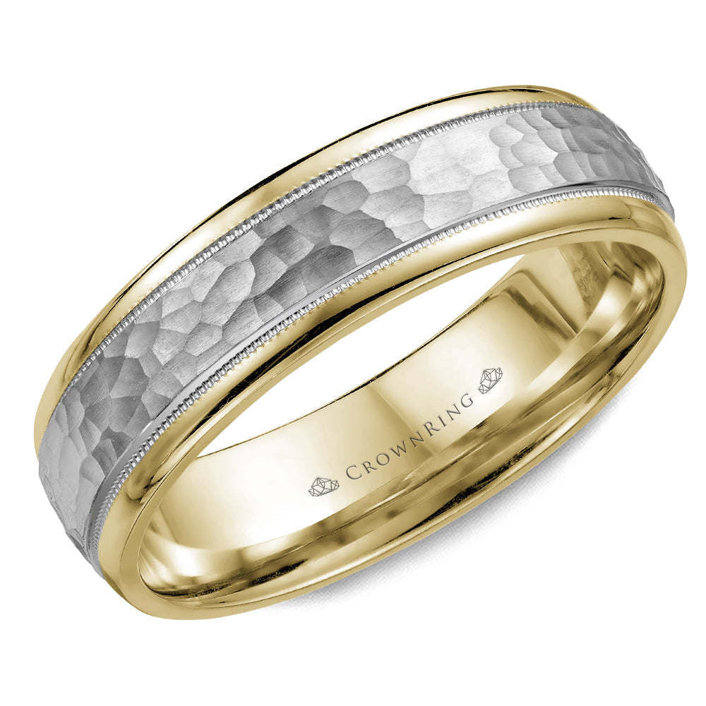 Two-tone hammered gold men's wedding band.