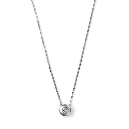 Round diamond pendant on white gold chain.