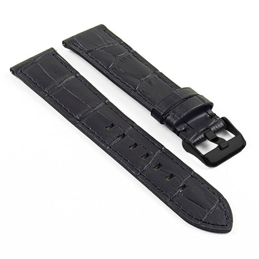 Black leather watch band with matte finish.
