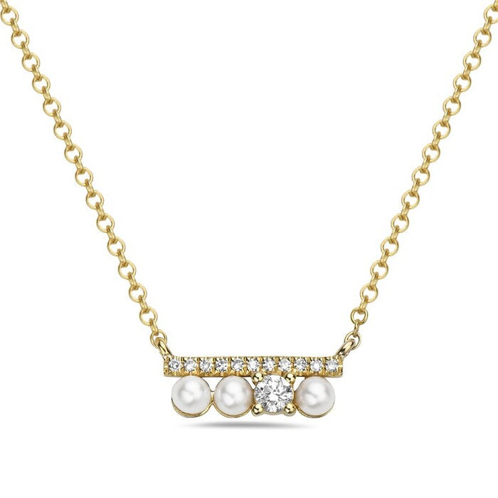 14K yellow necklace, pearls, diamonds.