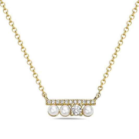 14K yellow necklace, pearls, diamonds.