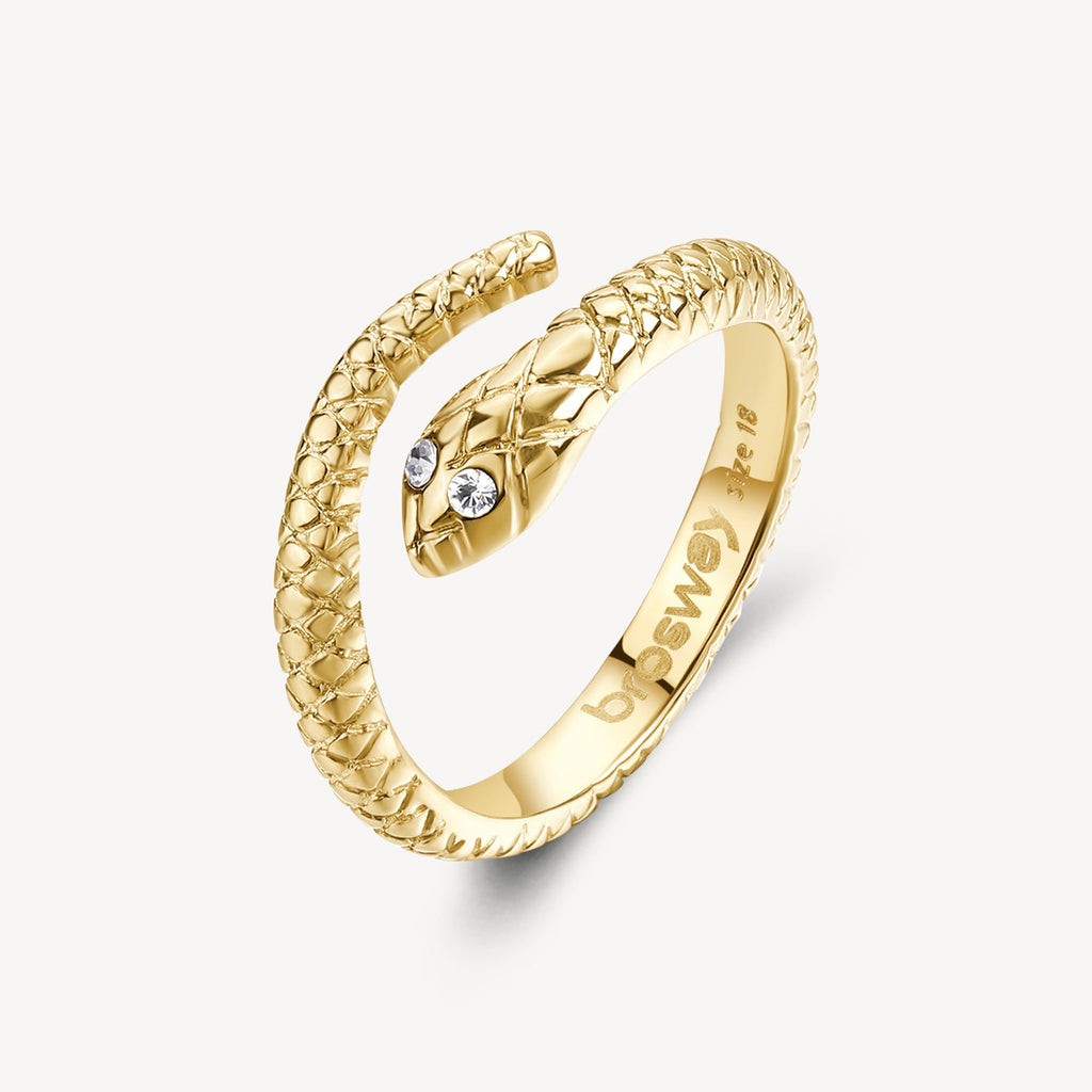 Gold snake ring with simulated diamond eyes.