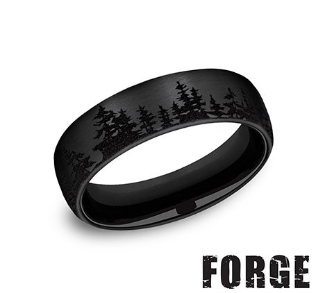 Black titanium band with carved tree design.