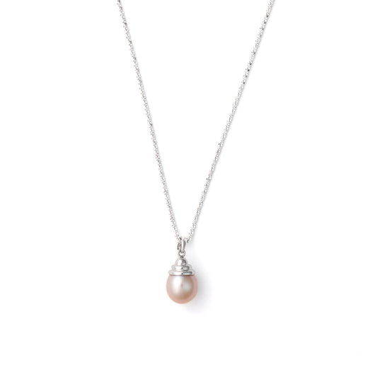 Rose pearl pendant on white gold necklace.