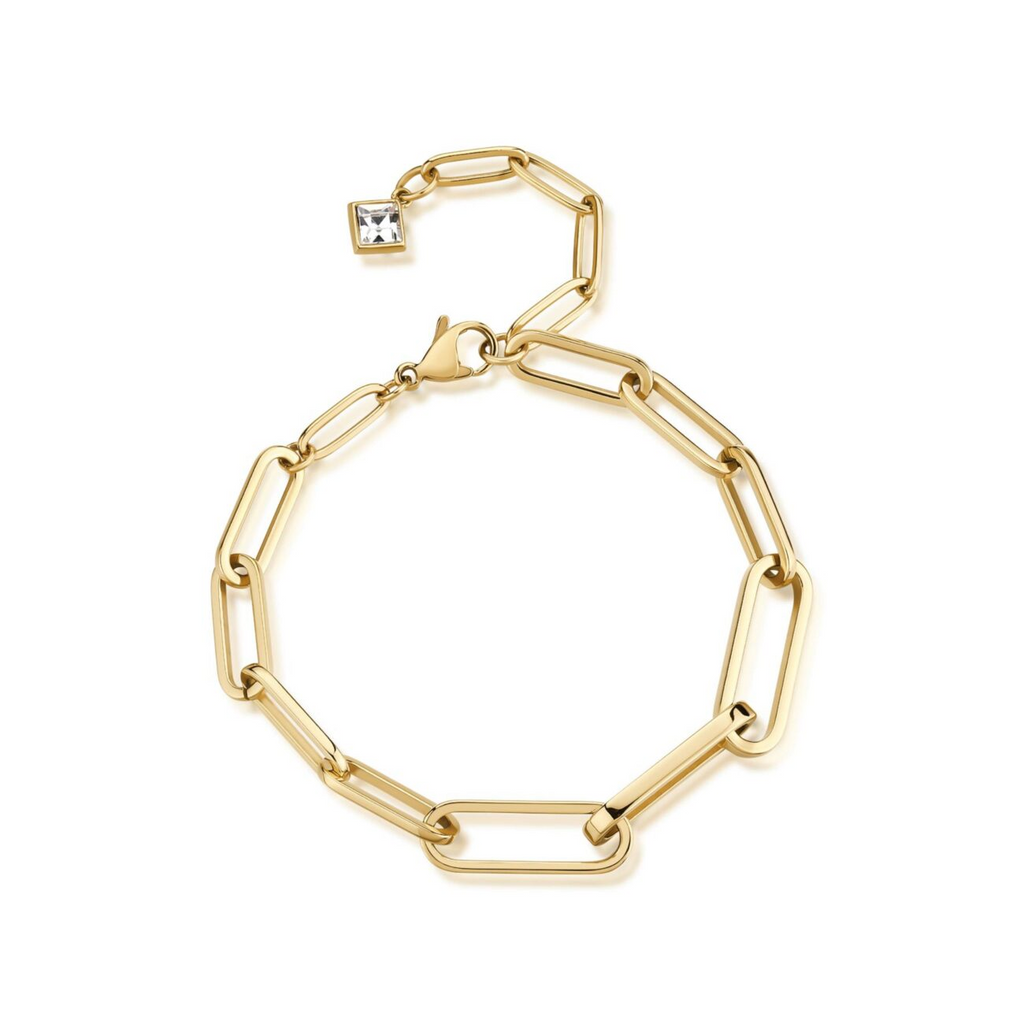 Gold paperclip bracelet with simulated diamond charm.