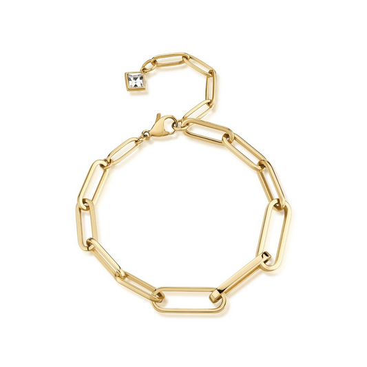 Gold paperclip bracelet with simulated diamond charm.