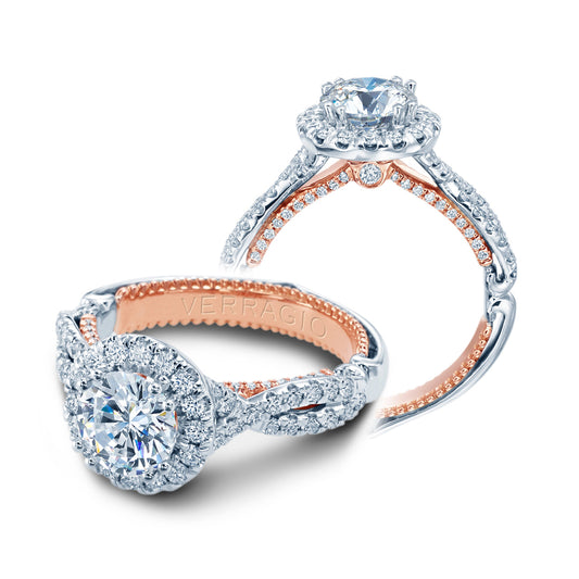 18K white-rose gold diamond halo engagement ring, 0.70ctw.
