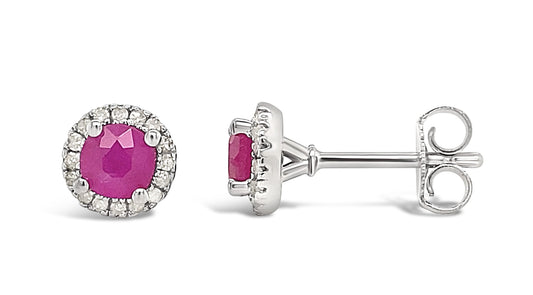 Ruby and diamond halo stud earrings.