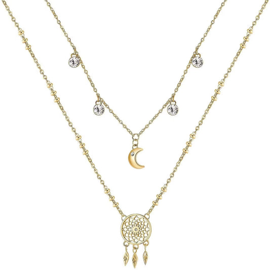 Gold layered necklace with moon and dreamcatcher.