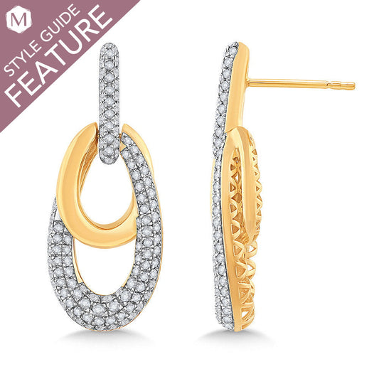 Dangle earrings with round diamonds, yellow gold.