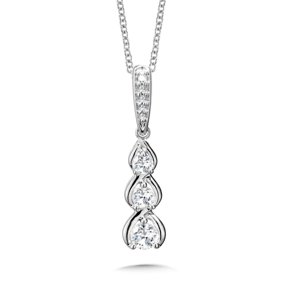 14K white gold necklace with round diamonds.