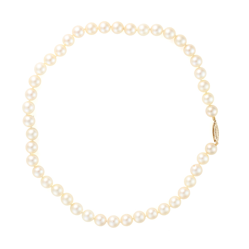 Cream pearl strand necklace with gold clasp.