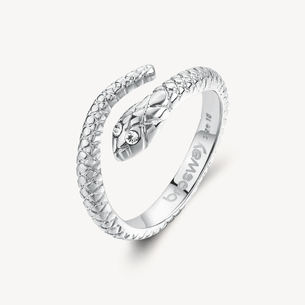 Snake-shaped ring with simulated diamond eyes.
